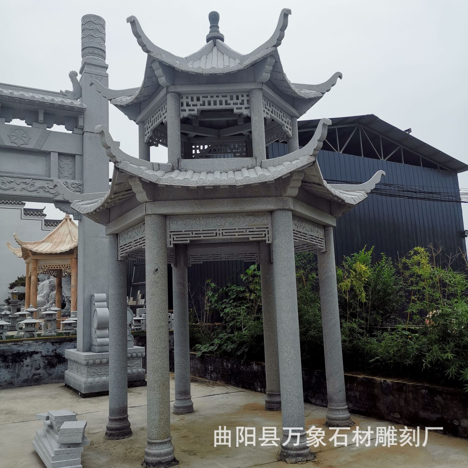 批发晚霞红花岗岩石雕凉亭 公园广场庭院景区六角亭子支持定做