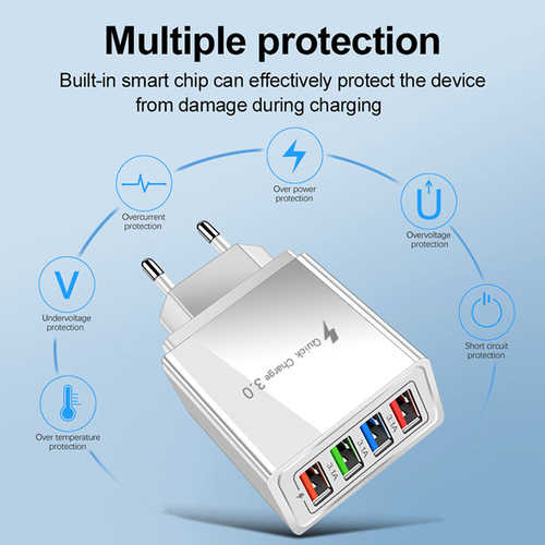Luminous 4USB mobile phone charger 3A color charging head LED light European standard US standard UK standard travel charger cross-border wholesale