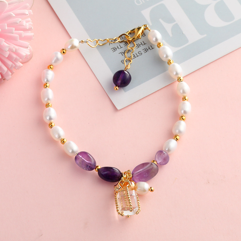 Pulsera de miel de tocador de perlas naturales de agua dulce pulsera de cristal ins nicho diseño estilo coreano hermana neta pulsera roja amatista