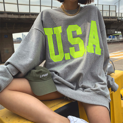 新款韩版韩国女装ins风宽松女装嘻哈荧光色字母宽松中长套头卫衣|ru