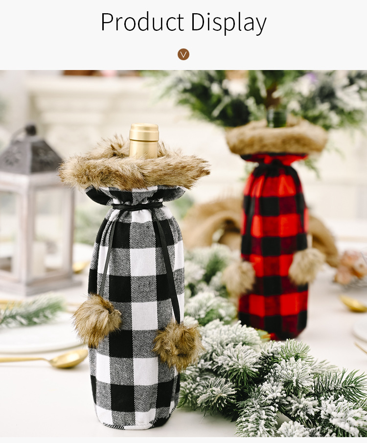 60g Weight Christmas Festival Haobei Christmas Festive Supplies Pompon Plaid Bottle Cover Creative New Red And Black Wine Bottle Bag Wine Gift Box Wine Cover 5