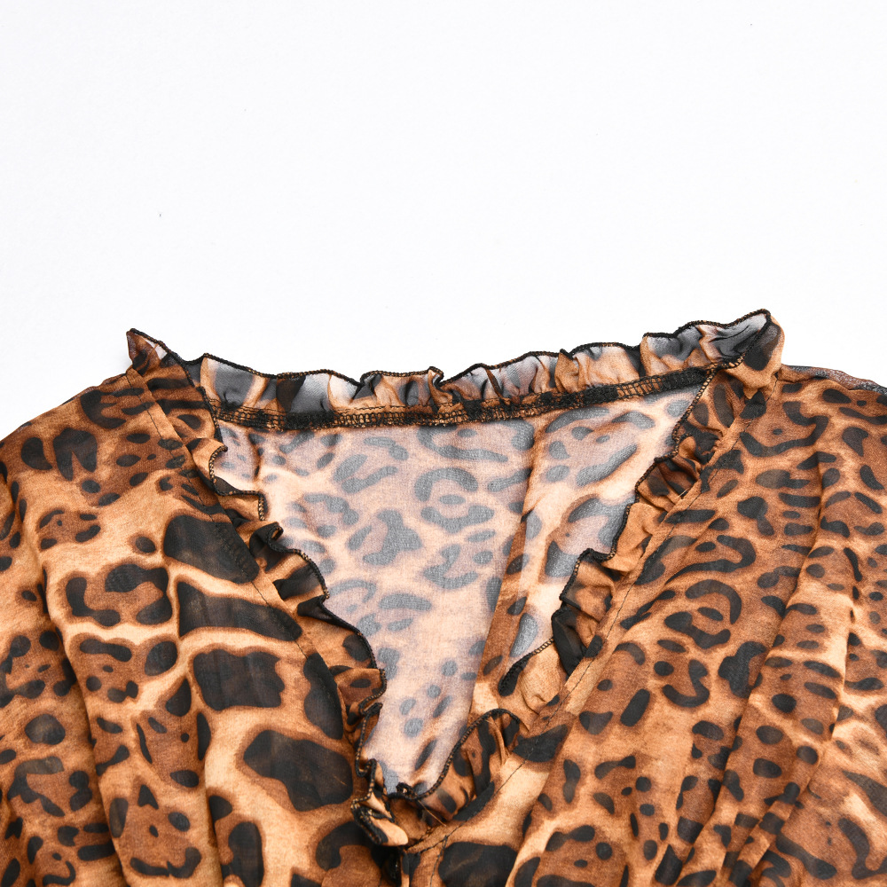 leopard print long-sleeved lace cardigan shirt  NSFD37709