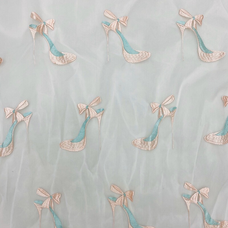Cute Style High-Heeled Shoes Pattern All-Over Colorful Embroidery Lace Transparent Organza Base Fabric with Three-Dimensional Lace