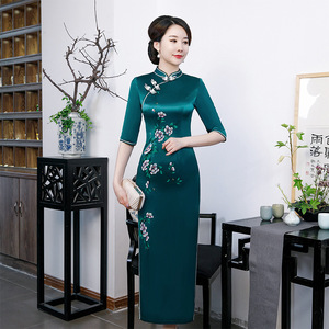 Chinese Dress Qipao for women Silk silk cheongsam retro mother-in-law banquet cheongsam dress dark green high-end elegant long dress
