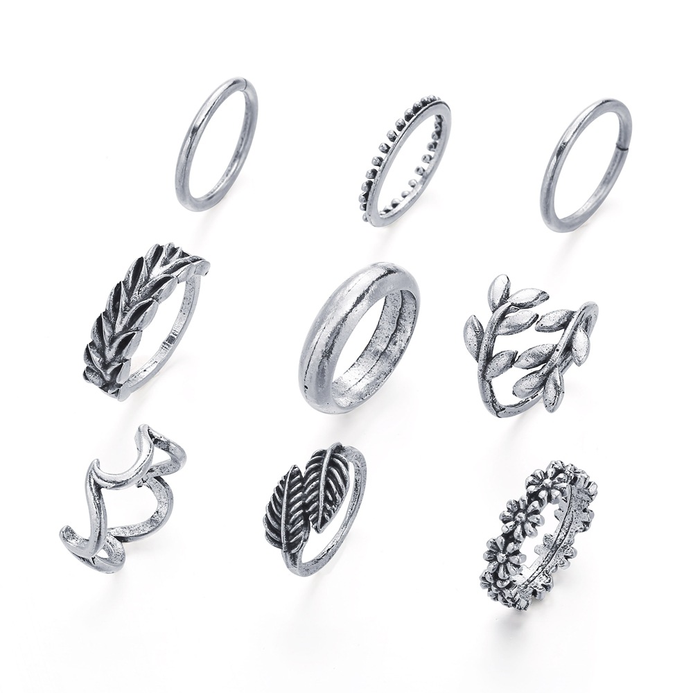 Creative Retro Spray Leaf 9-piece Set Ring Jewelry Wholesale display picture 3