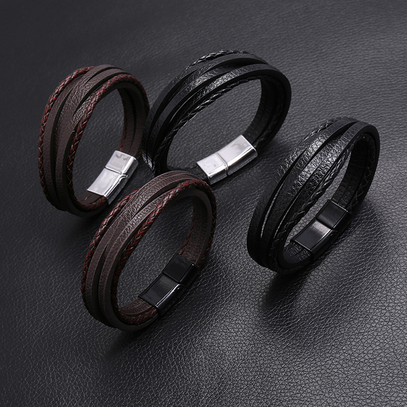 Hot-selling accessories multi-layer simple woven new magnet buckle menu0027s leather bracelet nihaoj