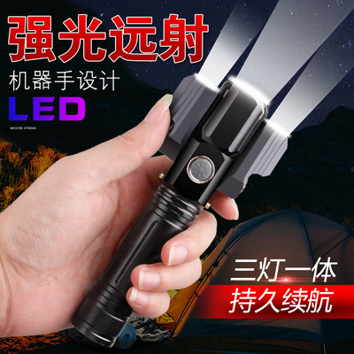 跨境强光USB手电筒户外夜骑照明防水充电手电筒led户外多功能电筒|ru