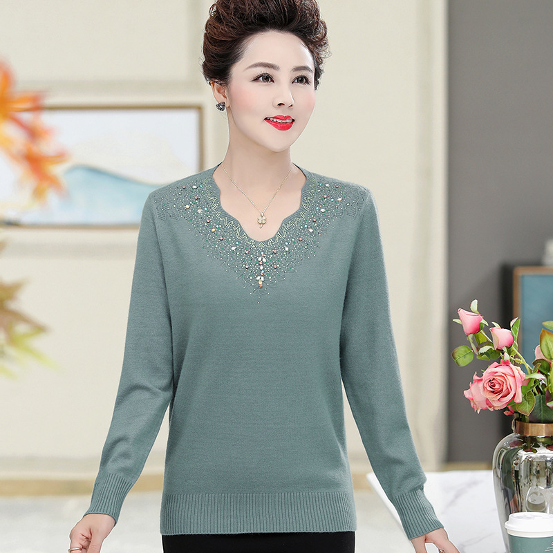 Ladieswear's Spring & Fall Knitted Bottoming Shirt Pullover Sweater Loose Middle-Aged and Elderly Women's Tops 50-60 Years Old Fashionable Elegant