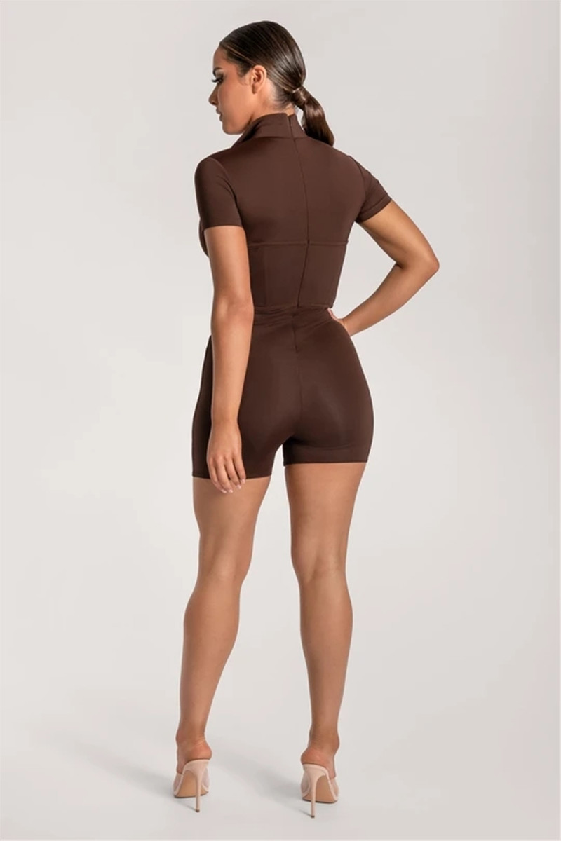 round neck zipper tight short-sleeved jumpsuit  NSFD30647