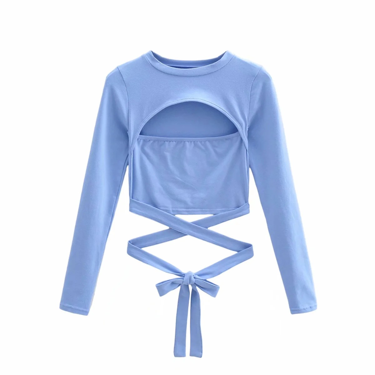 cross lace-up fake two long-sleeved T-shirt  NSAC31679