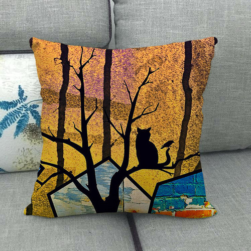 Cat on the tree watercolor oil painting graffiti linen pillowcase cushion pillowcase cross-border platform manufacturer supply 1598