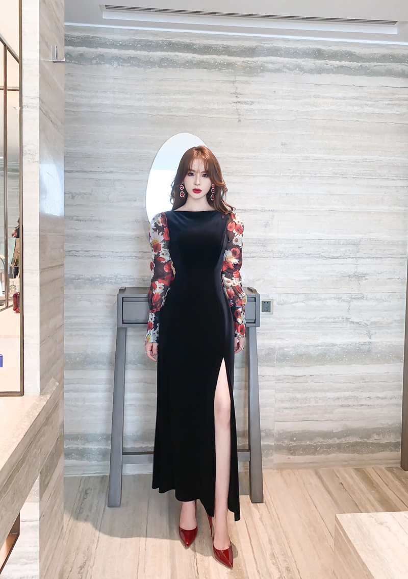Đầm liền thân nhung đen dài tay in họa tiết retro dáng ôm — Màu đen chi tiết 11