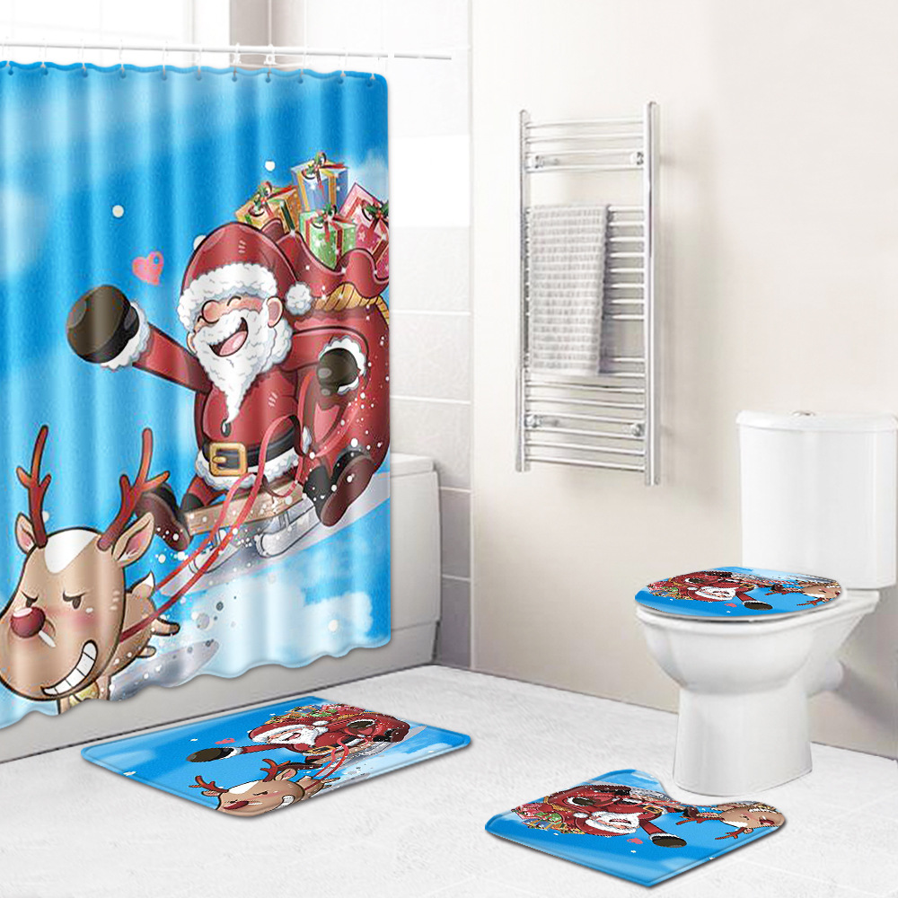 圣诞节雪橇跨境地垫浴帘卫生间防滑垫四件套亚马逊货源麋鹿
