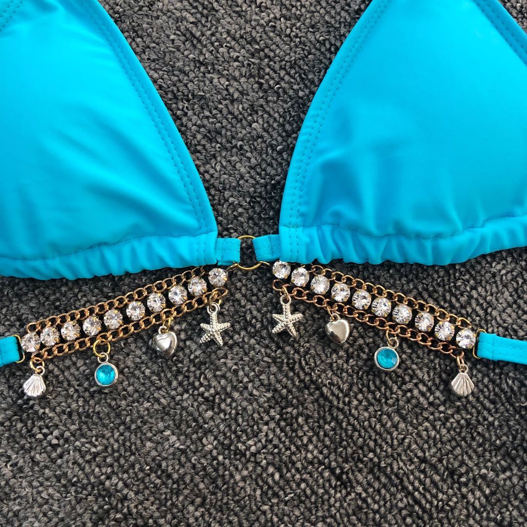 Lake blue crystal diamond straps triangle sexy bikini gather swimwear NSZO1423