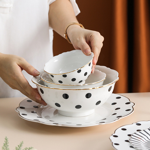 Ins Nordic-style household ceramic bowl simple tableware set dot beef plate Western dinner plate salad bowl soup noodle bowl