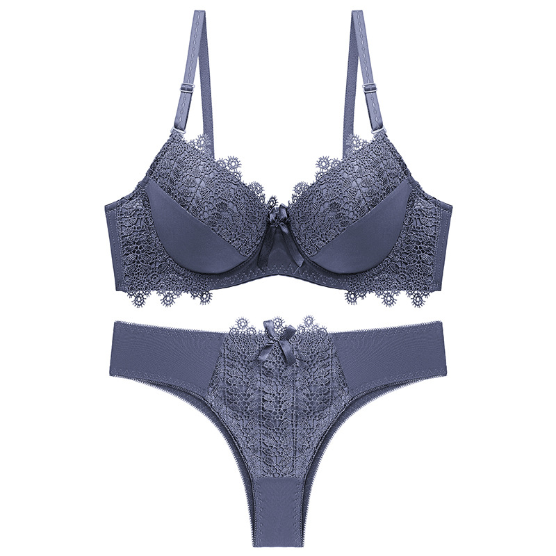 High quality lace gathered bra set, solid color nylon sexy lingerie set_voghion.com