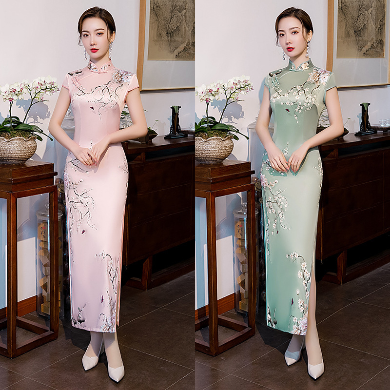 Chinese Dresses Qipao for women robe chinoise cheongsam Short sleeve cheongsam retro standing collar long cheongsam dress