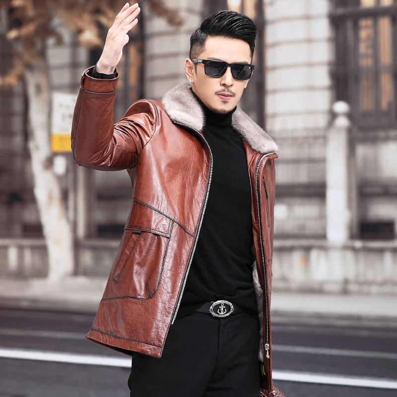 genuine leather leather and fur Haining mink Internal bile zipper Lapel Self cultivation The first layer cowhide Adidas keep warm Jacket coat man