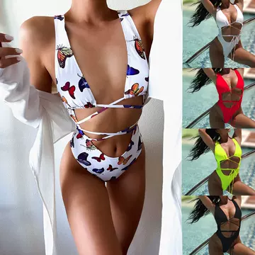 Sexy One-Piece Butterfly Print Bandage Open Back High Waist Women'S Swimsuit Bikini - ShopShipShake