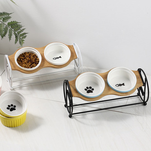 Cat Bowl Ceramic Double Bowl Cat Food Basin High-legged Solid Wood Dog Bowl Rack for Eating and Drinking Bowl Tilting Bevelled Neck Protection Cat Food Basin