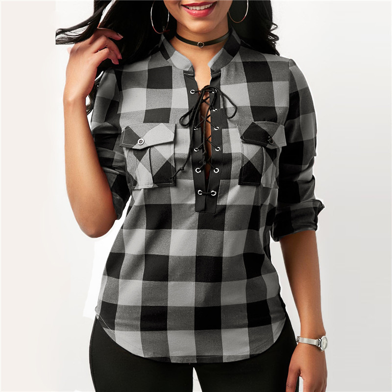 lace-up plaid long-sleeved shirt NSGE35068