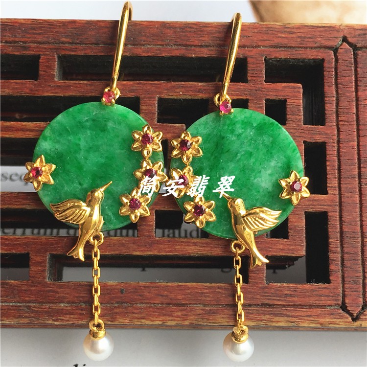 简安翡翠定制18K金镶满绿无事圆牌翡翠耳饰耳钩喜上枝头贵气十足|ru