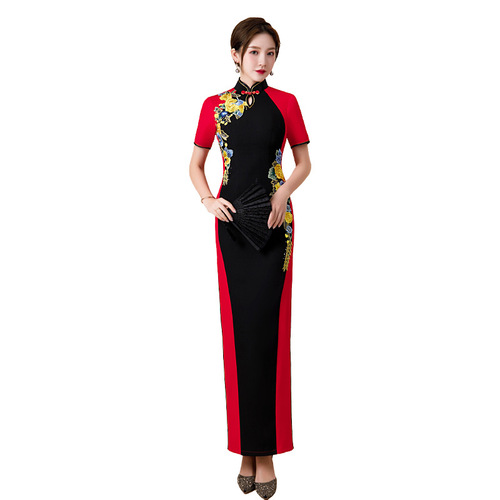 Women black with red Chinese dresses china traditional qipao dresses Cheongsam red long short sleeve retro cheongsam skirt