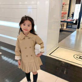 女童洋气中长款风衣2021秋装新款韩版儿童POLO领百褶裙女号外套潮