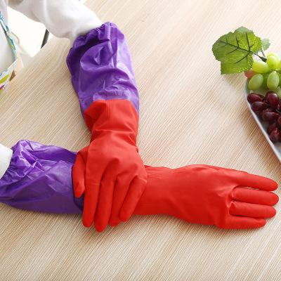 碎花保暖加绒加长乳胶手套 硅胶宽口家务洗衣服清洁手套防水防冻|ru