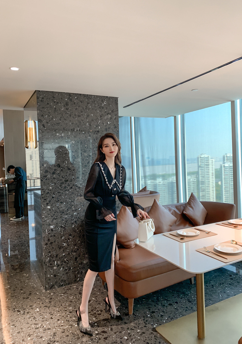 Đầm liền dài tay cổ búp bê xẻ tà ôm eo kiểu Pháp — Màu đen chi tiết 8