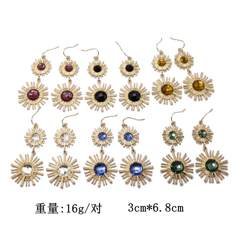 Gold Round Color Gemstone Earrings Black Sun Star Pendant Exaggerated Earrings Wholesale Nihaojewelry display picture 12