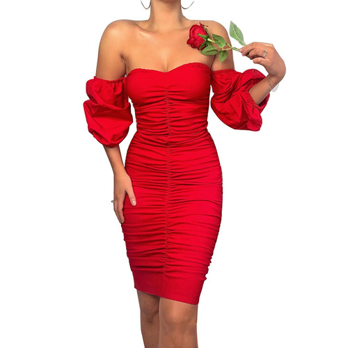 Red pleated dew shoulder party dress for women night club singers bar sexy bodycon prom dresses