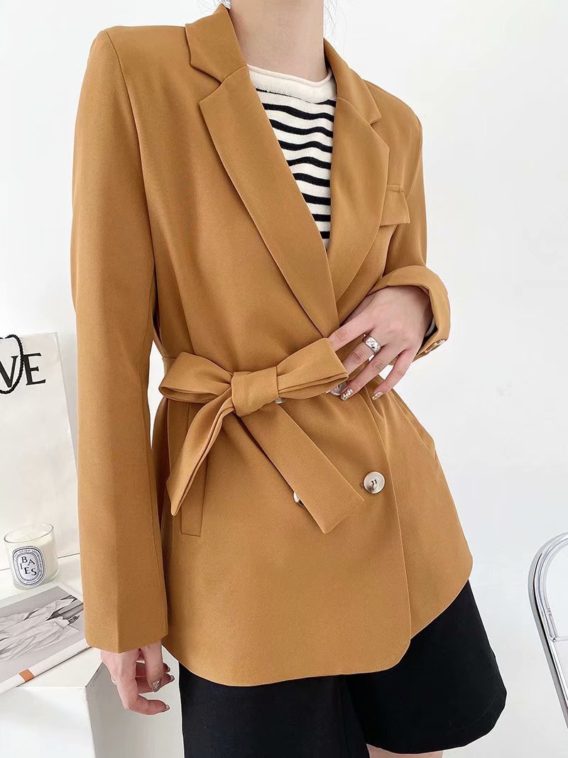 wholesale autumn camel double-breasted belt women s suit blazer  NSAM3068