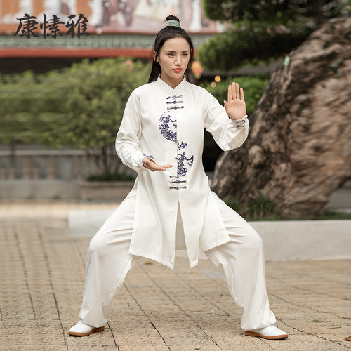 Women's loose martial arts clothes adult thickened warm Taifu men's long sleeve printed morning exercise Kungfu clothes