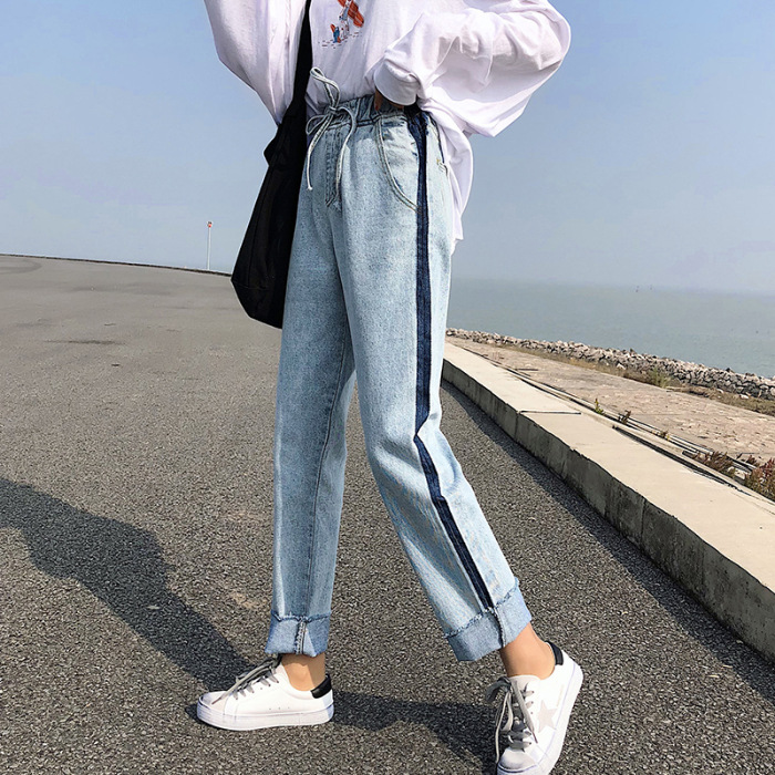 2020新款春秋韓版高腰松緊牛仔褲女寬松闊腿褲拼色直筒長褲網紅