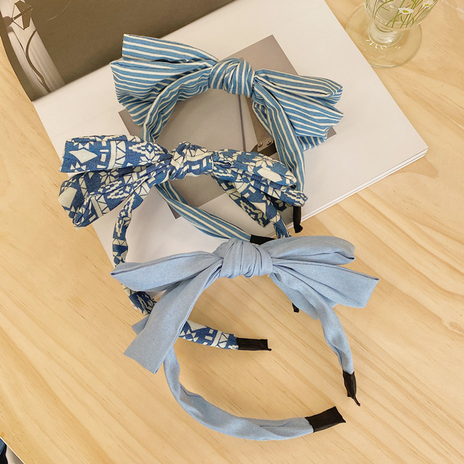 Korean Simple Double-layer Bow-knot Denim  Striped Floral Wide-brim Headband Wholesale Nihaojewelry display picture 14