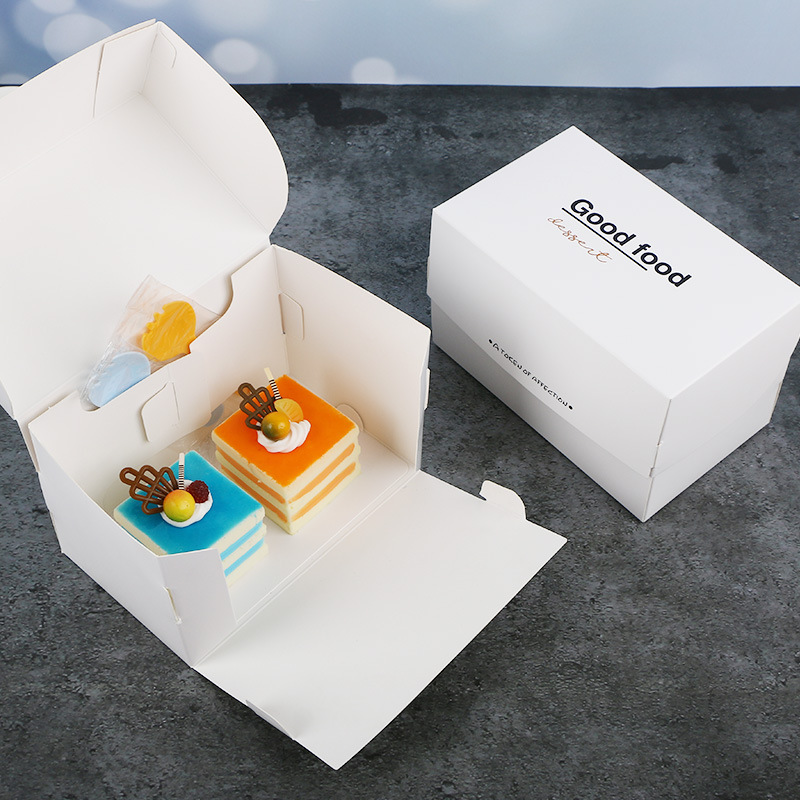 Tarjeta blanca dorado postre francés merienda caja helado taza caja de embalaje punto occidental corte pastel de queso para hornear