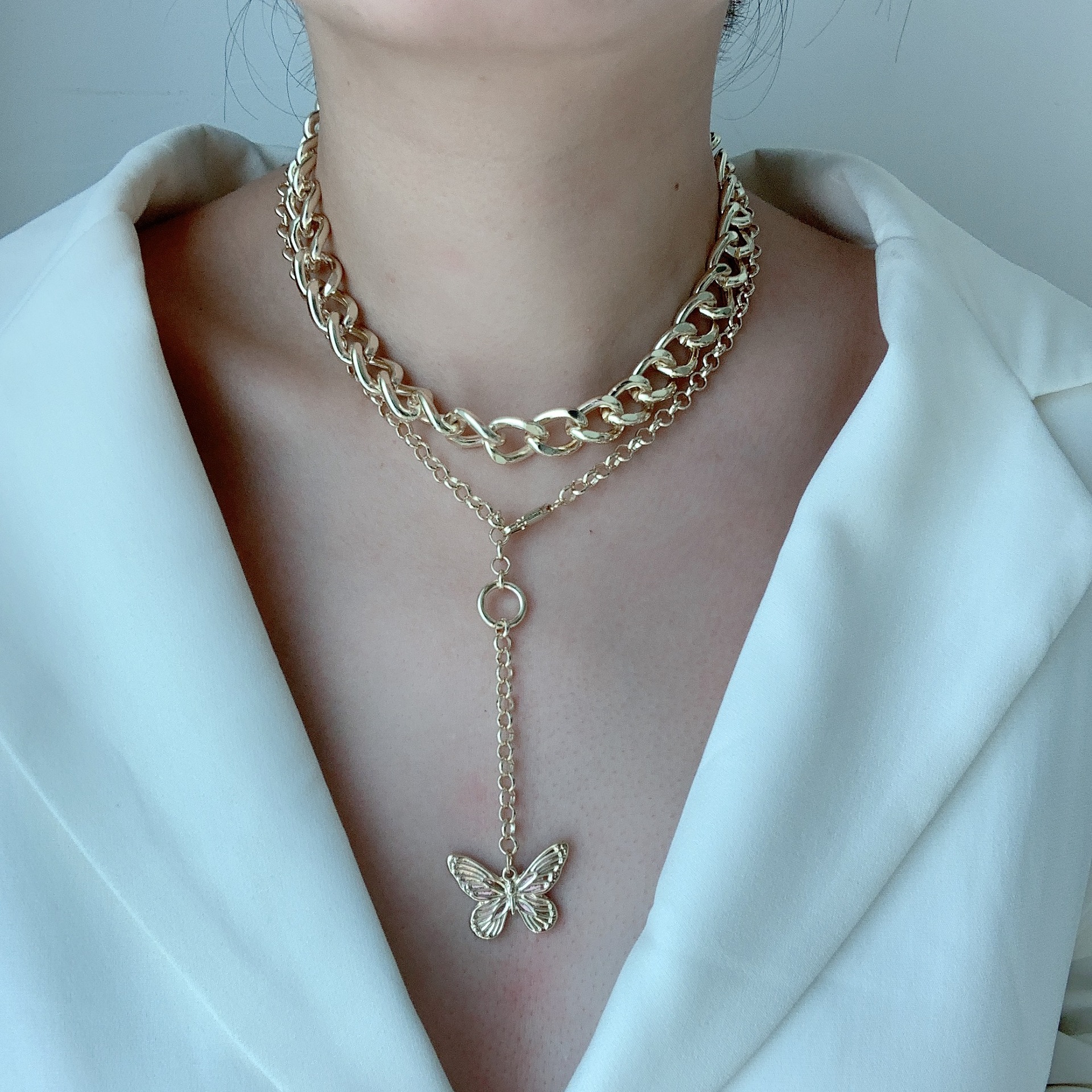 Exaggerated Double Stacking Butterfly Necklace Metal Chain Choker Clavicle Chain Sweater Chain Wholesale Nihaojewelry display picture 14