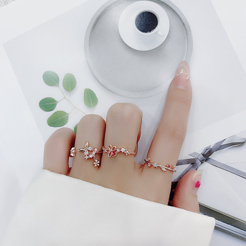 Korean version of the new micro-paved zircon small flower ring forest style sweet and elegant temperament open ring popular jewelry