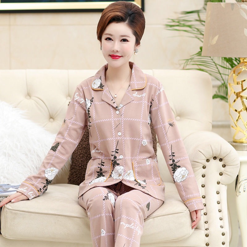 Pijamas mujer mamá PRIMAVERA/otoño e invierno de manga larga 100% algodón cardigan ropa para el hogar de mediana edad y ancianos traje de dos piezas