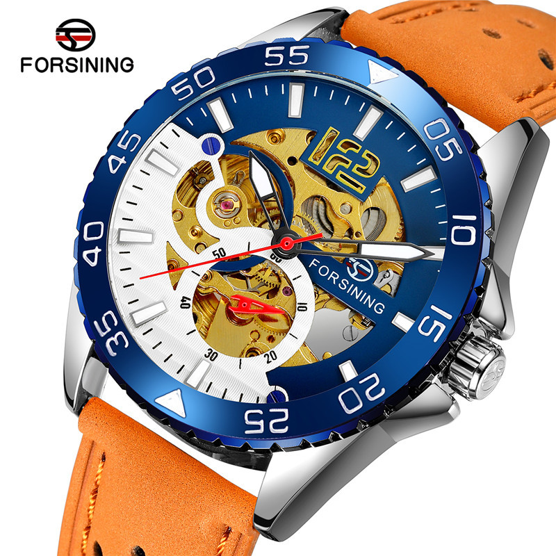 Forsining/fusini hombres correa de cuero reloj de negocios reloj mecánico automático casual reloj hueco 8180