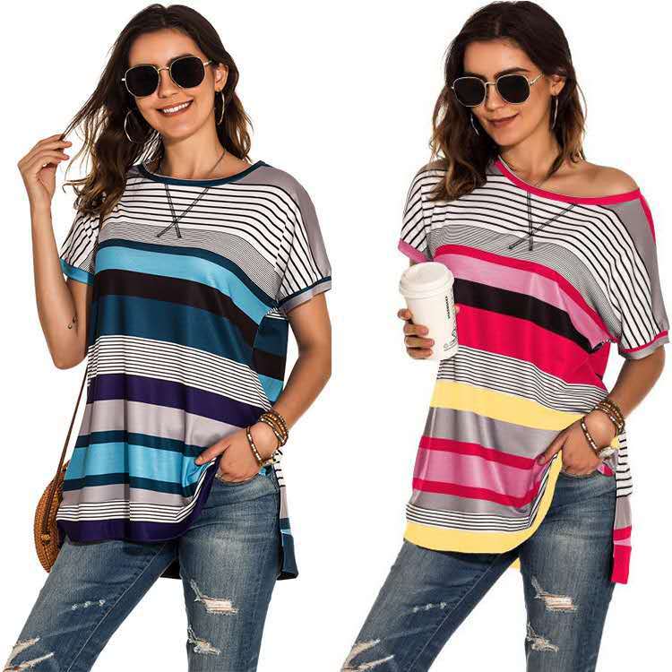 Spring / summer 2020 new European and American popular side slit Stripe Print loose casual Pullover short sleeve women's top