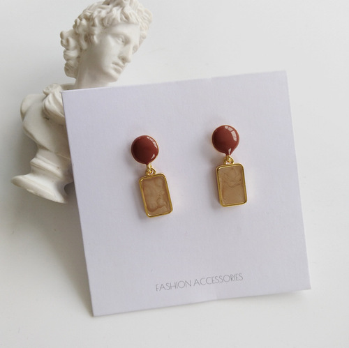 S925 Silver Needle Retro Hong Kong Style Earrings Simple Geometric Design Drop Oil Contrast Color Short Earrings 1163