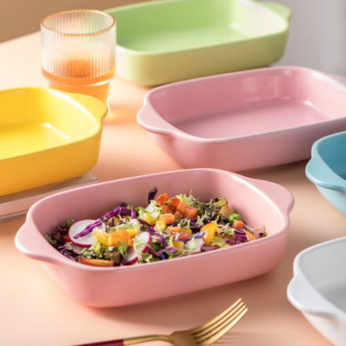 Macaron color ceramic double-eared microwave oven baking pan, cheese baked rice plate, home restaurant fruit plate, steak pasta plate