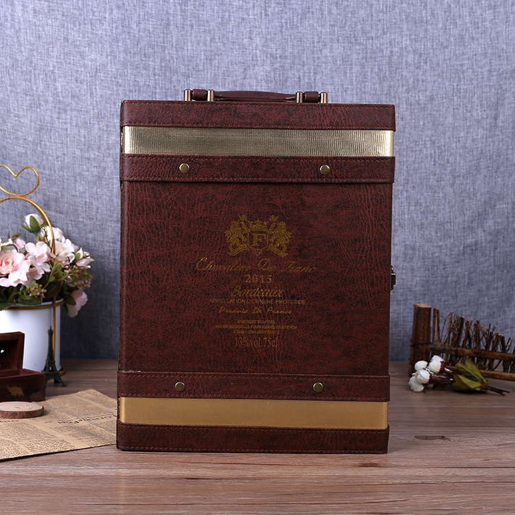 厂家定做葡萄红酒盒包装箱创意双支白酒皮盒翻盖新款礼盒定制LOGO