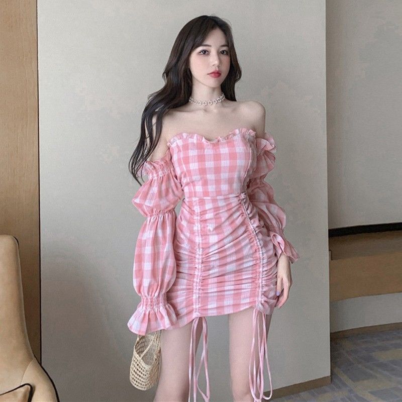 One word collar pink sweet plaid dress f...