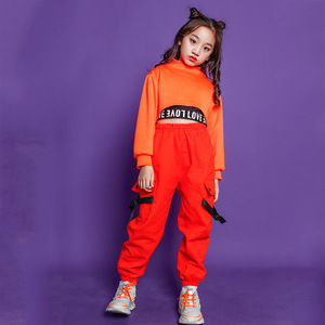 Girls orange hip-hop dance street dance costumes Children gogo dancers rapper singers performance outfits hip-hop loose performance clothing for kids