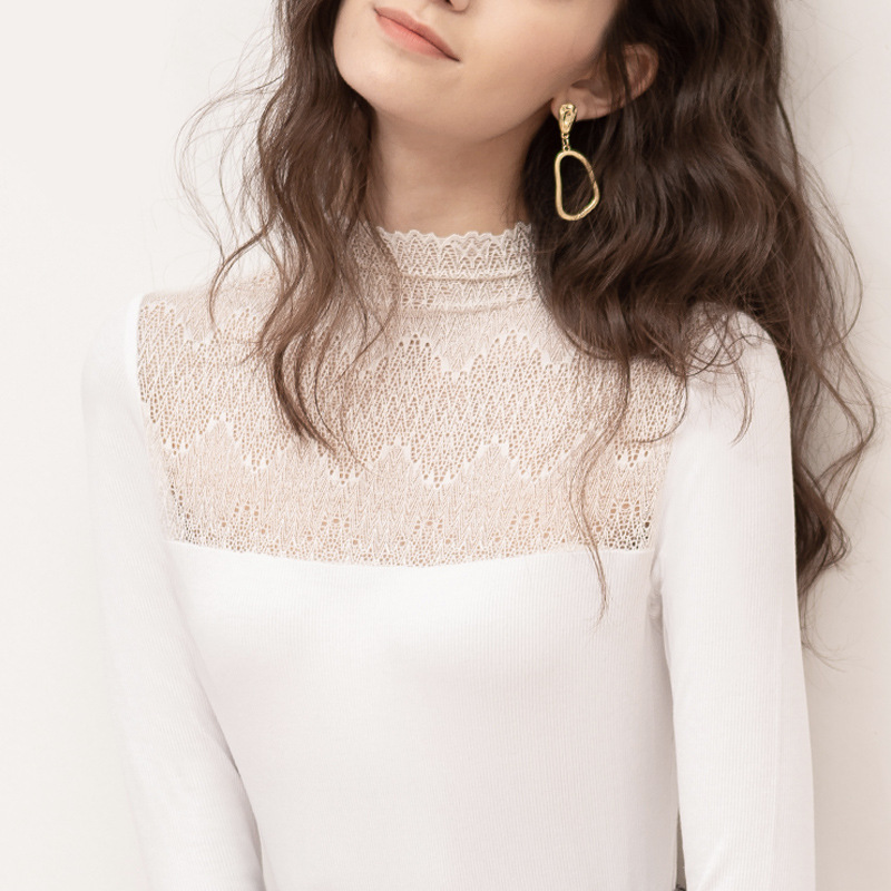 CANVAUS nueva Mitad de cuello alto costura blanco solo desgaste manga larga encaje bottoming camisa camiseta de las mujeres de moda superior