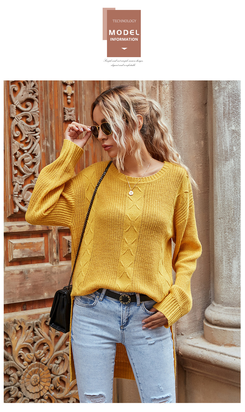 women s round neck solid color knitted mid-length split sweater pullover nihaostyles wholesale clothing NSDMB79431