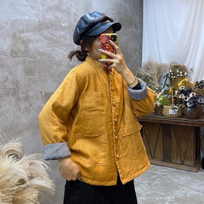 winter new pattern literature Retro Simplicity frog Stand collar Cotton and hemp Solid Easy Long sleeve cotton-padded clothes Short jacket